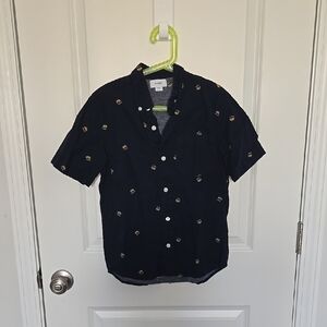 Dark Navy Blue  Short Sleeve Shirt Button Up with Pattern Of Hamburgers